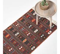 HOMESCAPES Terracotta, Black and Brown Printed Cotton Kilim Rug - 66 x 200 cm