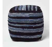 Homescapes Texas Leather, Denim Woven Striped Bean Filled Pouffe, 40 Cm In Blue Blue One Size