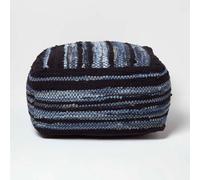 HOMESCAPES Contemporary Style Striped Square Bean Filled Pouffe 'Texas' Navy & Light Blue Denim & Leather Footstool, 60 cm Square