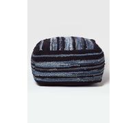 HOMESCAPES Contemporary Style Striped Square Bean Filled Pouffe 'Texas' Navy & Light Blue Denim & Leather Footstool, 60 cm Square