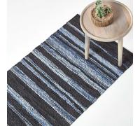 HOMESCAPES Texas Leather & Denim Woven Striped Blue Rug - 66 x 200 cm