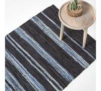 HOMESCAPES Texas Leather & Denim Woven Striped Blue Rug - 90 x 150 cm