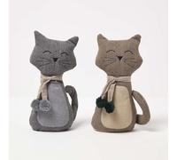 HOMESCAPES Textured Cat Door Stops, Set of 2 in Grey and Brown, 27 cm, Luxuriously Soft Material Animal Door Stoppers for Home or Office Heavy 1.6 kg