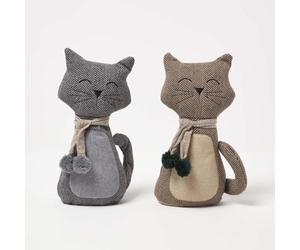HOMESCAPES Textured Cat Door Stops, Set of 2 in Grey and Brown, 27 cm, Luxuriously Soft Material Animal Door Stoppers for Home or Office Heavy 1.6 kg