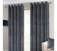 HOMESCAPES Thermal Interlined Grey Velvet Curtains Pair Width 167cm (66") x 182cm (72") Drop Luxury Heavy Weight Contemporary Neutral Eyelet Curtain