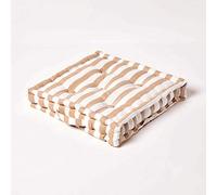 HOMESCAPES - Thick Stripe Beige - 100% Cotton - Floor Cushion - Mink Natural - 40 x 40 x 8 cm Square - Indoor - Garden - Dining Chair Booster - Seat Pad Cushion