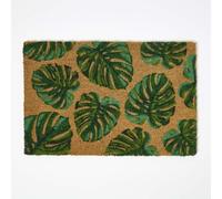 HOMESCAPES Tropical Green Leaves Coir Doormat, 40 x 60cm, Natural Door Mat with Rubber Backing, Non-Slip Welcome Entrance Mat for Indoor/Outdoor Use