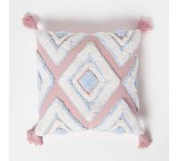 Homescapes Geometric Ikat Tufted Cotton Cushion with Tassels in Blue | Size: 45 cm x 45 cm Homescapes Blue 45 cm x 45 cm