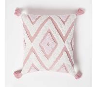 Homescapes Geometric Ikat Tufted Cotton Cushion with Tassels in White | Size: 45 cm x 45 cm Homescapes White 45 cm x 45 cm