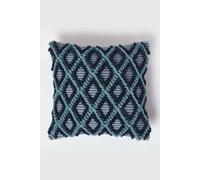HOMESCAPES Handwoven Teal & Navy Cushion 45 x 45 cm Filled Decorative Throw Pillow “Tula” 100% Cotton & Recycled PET with Geometric Ikat Design Cushion Insert Included