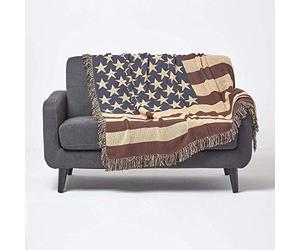 HOMESCAPES USA Flag Throw Blanket, 100% Cotton, Breathable, Handwoven Throws For Sofas Large, American United States Flag Blanket For Bed & Armchair - Navy blue, Red, and Beige, 125 x 150cm