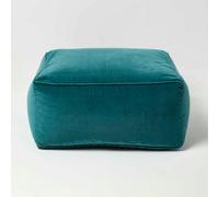 HOMESCAPES Teal Green Velvet Pouffe Cube 60 x 60 cm Square Bean Bag with 100% Cotton Velvet Cover & Piped Edging Large Plush Footstool for Living Room