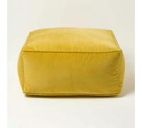 HOMESCAPES Velvet Pouffe Bean Cube - Yellow