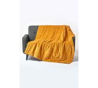 HOMESCAPES Large Luxury Mustard Yellow Velvet Throw Super Soft Thick Cotton Velvet Blanket with Handwoven Embroidered Dots and Thick Quilting Cosy and Warm Bedspread Sofa or Bed Throw, 150 x 200 cm