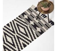 HOMESCAPES White & Black Handwoven Kilim 100% Cotton Rug Carpet Runner for Hallway 66 x 200 cm Traditional Geometric ‘Dinan’ Rug with Tassels