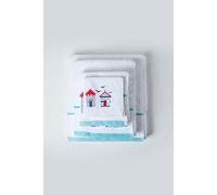 HOMESCAPES Beach Hut Embroidered Bath Towel Blue, Red & White Seaside Patterned Large Towel 100% Cotton 550 GSM Super Absorbent Fluffy Holiday Beach Towel for Pool or Gym
