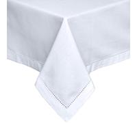 HOMESCAPES White Table Cloth, Plain Cotton Tablecloth, Rectangular, Handcrafted & Durable Dining Table Cover with Hem Stitch, Hypoallergenic, Washable, 137 x 178cm