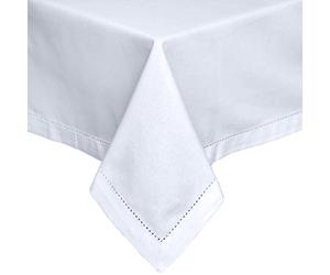 HOMESCAPES White Table Cloth, Plain Cotton Tablecloth, Rectangular, Handcrafted & Durable Dining Table Cover with Hem Stitch, Hypoallergenic, Washable, 137 x 178cm
