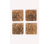 Homescapes Wooden Coaster Set with Octopus Design, Set of 4 in Natural Homescapes Natural