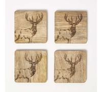 Homescapes Wooden Coaster Set with Stag Design, Set of 4 in Natural Homescapes Natural
