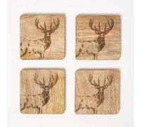 HOMESCAPES Wooden Coaster Set with Stag Design, Set of 4