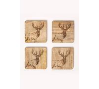 Homescapes Wooden Coaster Set With Stag Design, Set Of 4 In Natural Natural One Size