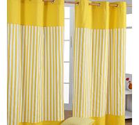 HOMESCAPES Yellow - 1” Thick Stripe - Eyelet Curtain Pair 117cm (46") Wide x 137cm (54") Drop 100% Cotton Ring Top Striped Curtains
