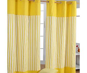 HOMESCAPES Yellow - 1” Thick Stripe - Eyelet Curtain Pair 117cm (46") Wide x 137cm (54") Drop 100% Cotton Ring Top Striped Curtains