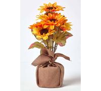 HOMESCAPES Yellow and Golden Artificial Sunflower Arrangement in Rustic Burlap Vase 40 cm Faux Decorative Flowers for Indoor Decoration