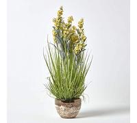 HOMESCAPES Yellow Artificial Lavender Plant with Long Realistic Green Leaves Potted In a Brown & White Ceramic Bowl, 66cm Tall for Indoor Decoration