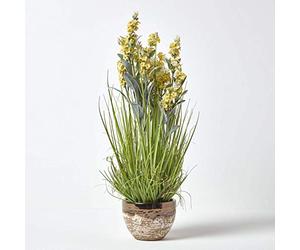 HOMESCAPES Yellow Artificial Lavender Plant with Long Realistic Green Leaves Potted In a Brown & White Ceramic Bowl, 66cm Tall for Indoor Decoration