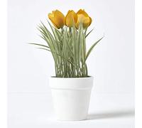 HOMESCAPES Yellow Artificial Tulips Plant In White Plastic Pot 22cm Tall Faux Decorative Potted Plant For Indoor Decoration