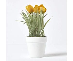 HOMESCAPES Yellow Artificial Tulips Plant In White Plastic Pot 22cm Tall Faux Decorative Potted Plant For Indoor Decoration