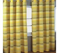 HOMESCAPES Yellow Eyelet Curtain Pair 167cm (66") Wide x 228cm (90") Drop Morocco Stripe Design Ring Top Curtain Pair