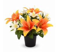 Homesecret Pack 1 Artificial Flowers for Graves in Pots 25cm | Orange Lillies Grave Flower Pots for Christmas | Luxury Memorial Flowers for Graves, Funerals & Lasting Tributes | All Season Displays