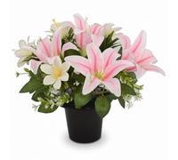 Homesecret Pack 1 Artificial Flowers for Graves in Pots 25cm | Pink Lillies Grave Flower Pots for Christmas | Luxury Memorial Flowers for Graves, Funerals & Lasting Tributes | All Season Displays