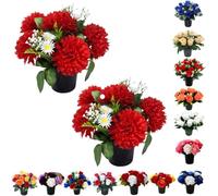 Homesecret Pack 2 Artificial Flowers for Graves 25cm | 12 Head Chrysanthemum Red Daisies Grave Flower Pots | Perfect for Enhancing Memorial & Cemetery Decor |