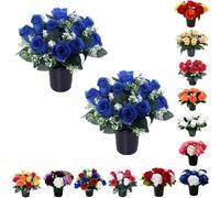 Homesecret Pack 2 Artificial Flowers for Graves in Pots 25cm | 12 Head Blue Grave Flower Pots for Christmas | Luxury Memorial Flowers for Graves, Funerals & Lasting Tributes | All Season Displays