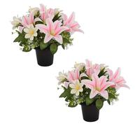 Homesecret Pack 2 Artificial Flowers for Graves in Pots 25cm | Pink Lillies Grave Flower Pots for Christmas | Luxury Memorial Flowers for Graves, Funerals & Lasting Tributes | All Season Displays