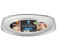 HOMESHOPA Aluminum Foil Disposable Oval Serving Platter 14 Inch, 2 Pack Silver Embossed Foil Food Trays, Oven and Food Safe, Lightweight Reusable Catering Plate for Party, Buffet