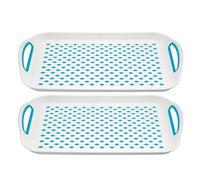 HOMESHOPA Anti-Slip Plastic Serving Tray, 2 Pack Blue Rectangular Non-Slip Top & Bottom, Strong Grip Rubber Surface, Kitchen Tray for Food Serving, Easy Grip Handles, Sturdy Dinner/Drinks Breakfast