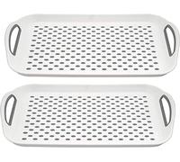 HOMESHOPA Anti-Slip Plastic Serving Tray, 2 Pack Grey Rectangular Non-Slip Top & Bottom, Strong Grip Rubber Surface, Kitchen Tray for Food Serving, Easy Grip Handles, Sturdy Dinner/Drinks Breakfast