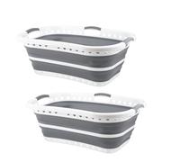 HOMESHOPA Collapsible Laundry Basket, Large Hip Hugger Folding Plastic Silicone Washing Clothes Organiser, Pop Up Clothing Portable Washing Tub Laundry Storage Hamper, 37 Litre (2 Grey)