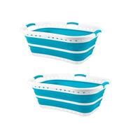 HOMESHOPA Collapsible Laundry Basket, Large Hip Hugger Folding Plastic Silicone Washing Clothes Organiser, Pop Up Clothing Portable Washing Tub Laundry Storage Hamper, 37 Litre (2 Blue)