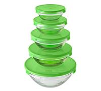 Homeshopa Glass Food Storage Container Set with Lid, Round Stackable Meal Prep Lunch Box, Airtight Leak Proof Serving Bowls, Coloured Lids, Microwave, Oven, Freezer and Dishwasher Safe (Green Lid)