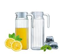 HOMESHOPA Glass Water Jug with Lid, 2 Pack 1.1L Water Pitcher Glass Carafe Jug for Hot/Cold Water Ice Tea Coffee Milk & Juice Beverage, Transparent Ribbed Fridge Door Water Jug with Spout and Handle