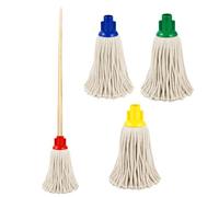 HOMESHOPA Mop Head with Wooden Handle, Size 18 Colour Coded Self Threading Plastic Socket Cotton String Mop Refill for Commercial, Janitorial & Household Floor Cleaning