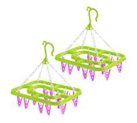 HOMESHOPA Socks Drying Rack, 2 Pack Green Plastic 18 Peg Laundry Drying Hanger Washing Line, Windproof Clip Drip Hanger for Underwear Baby Clothes Gloves Hats, Portable Indoor Outdoor Hanging Dryer