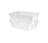 HOMESHOPA White Rectangular Plastic Storage Basket, 2 Pack Handy Cupboards Organiser Storage Baskets, Cabinet & Shelf Basket with Handle, Multipurpose Box for Home Kitchen Utility Room Toy Storage