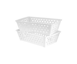 HOMESHOPA White Rectangular Plastic Storage Basket, 2 Pack Handy Cupboards Organiser Storage Baskets, Cabinet & Shelf Basket with Handle, Multipurpose Box for Home Kitchen Utility Room Toy Storage